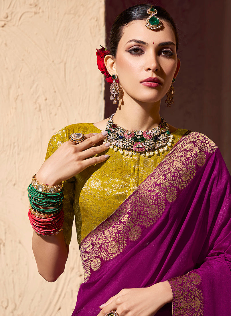 Monjolika Fashion Dark Magenta Crepe Georgette Zari Weaving Work Saree