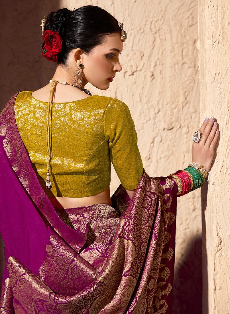 Monjolika Fashion Dark Magenta Crepe Georgette Zari Weaving Work Saree