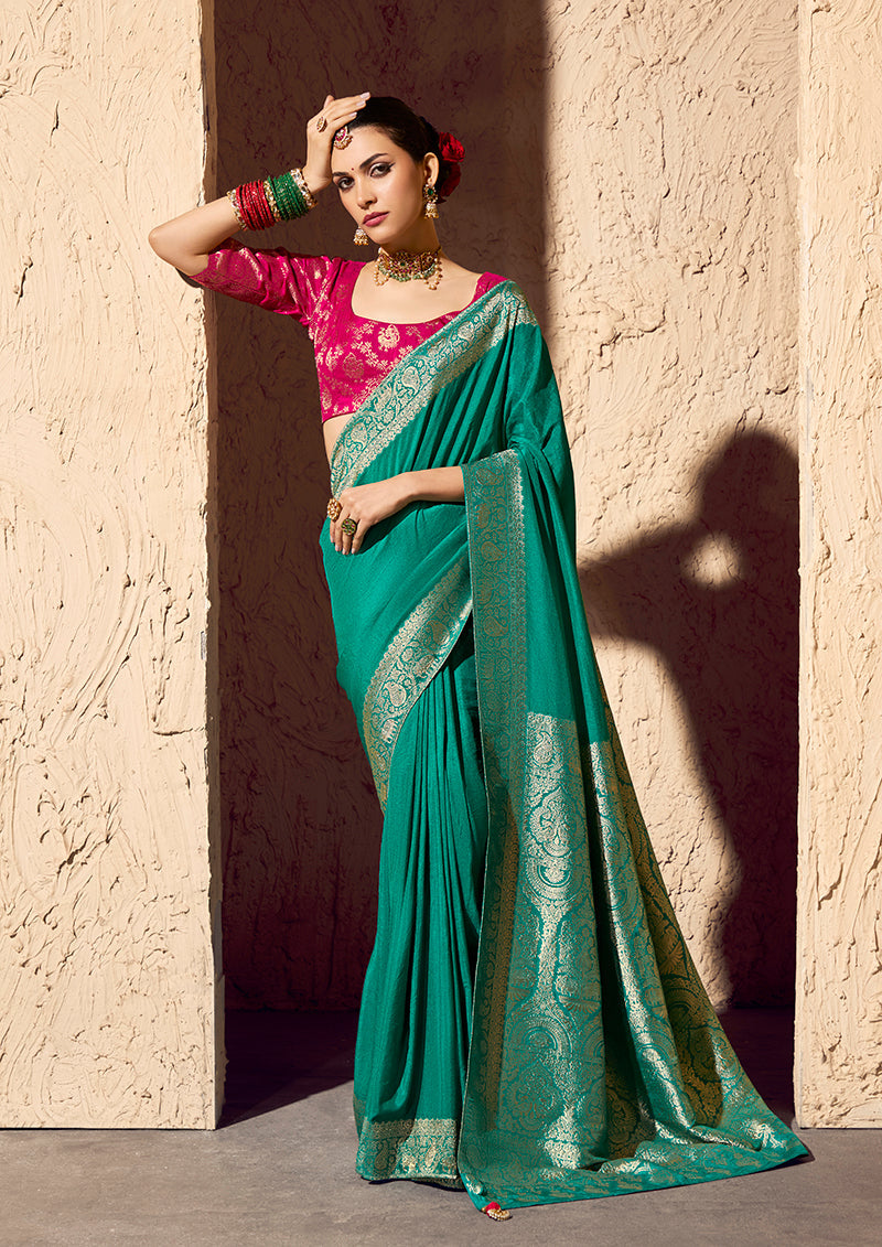 Monjolika Fashion Teal Crepe Georgette Zari Weaving Work Saree