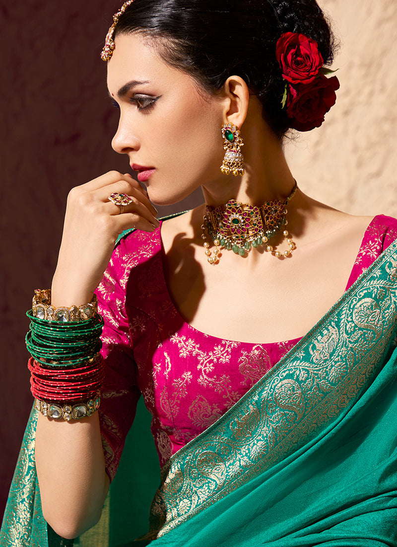 Monjolika Fashion Teal Crepe Georgette Zari Weaving Work Saree