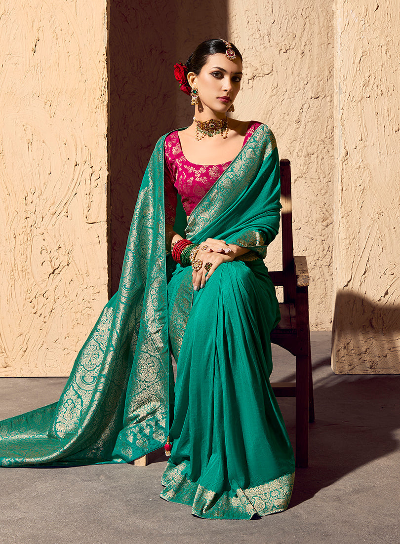 Monjolika Fashion Teal Crepe Georgette Zari Weaving Work Saree