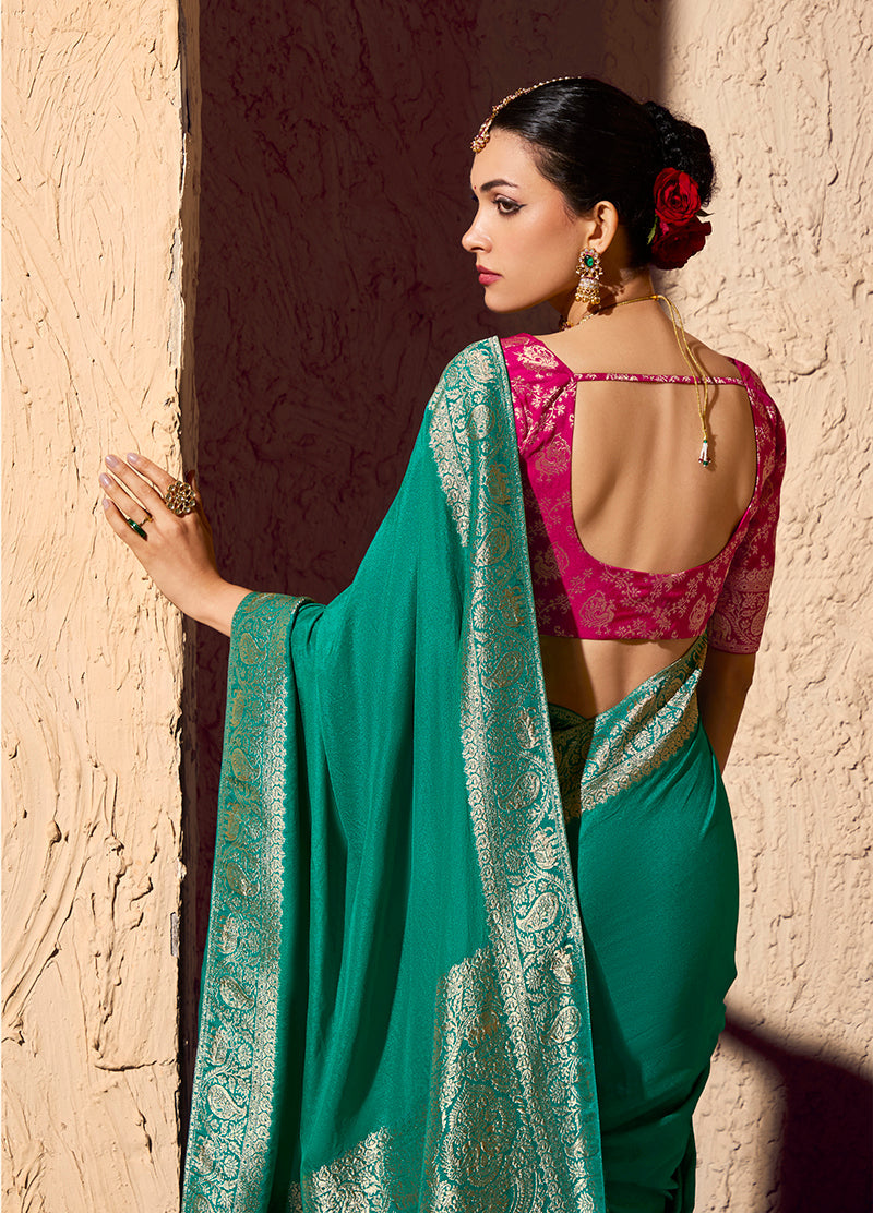 Monjolika Fashion Teal Crepe Georgette Zari Weaving Work Saree