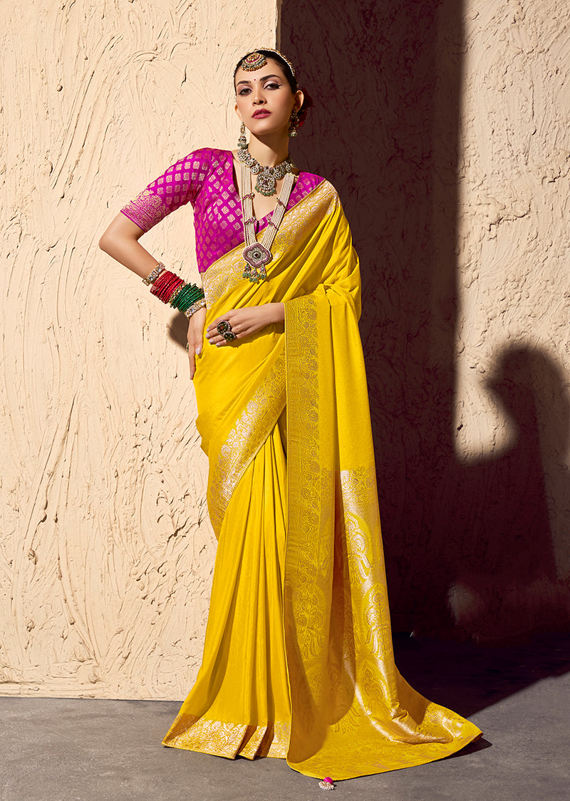 Monjolika Fashion Yellow Crepe Georgette Zari Weaving Work Saree