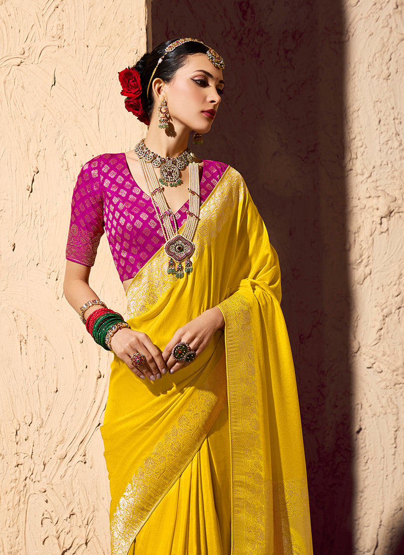 Monjolika Fashion Yellow Crepe Georgette Zari Weaving Work Saree