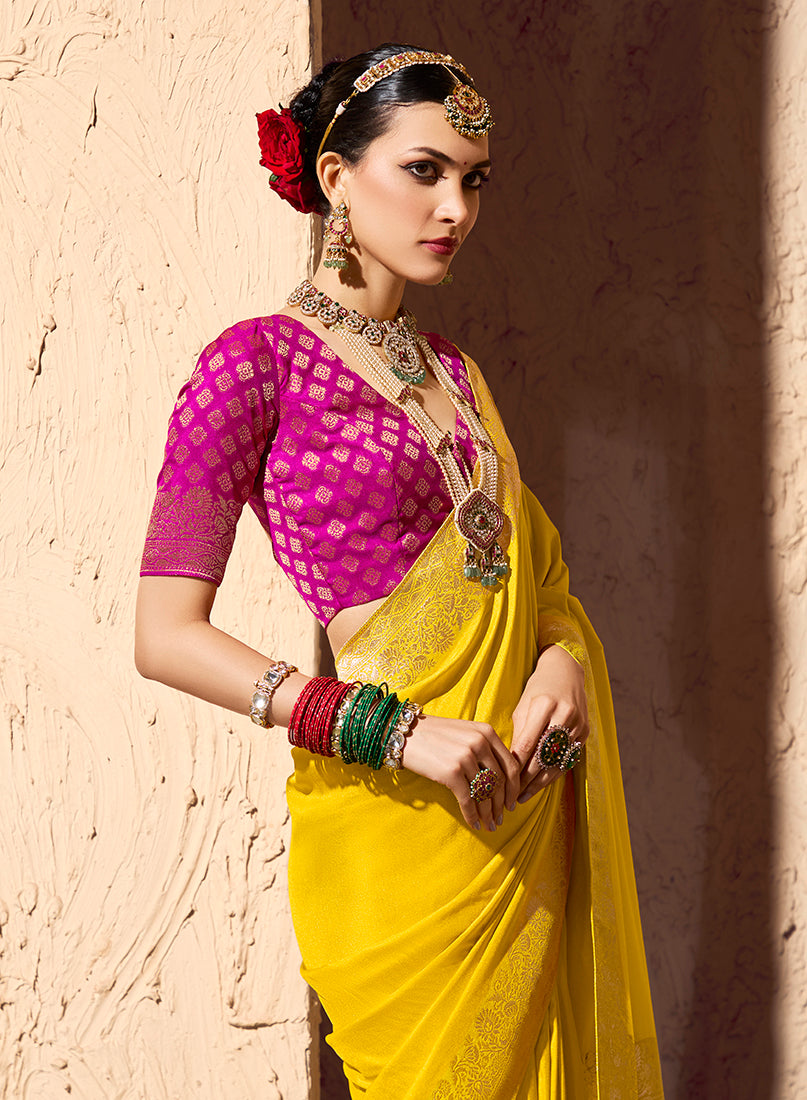 Monjolika Fashion Yellow Crepe Georgette Zari Weaving Work Saree
