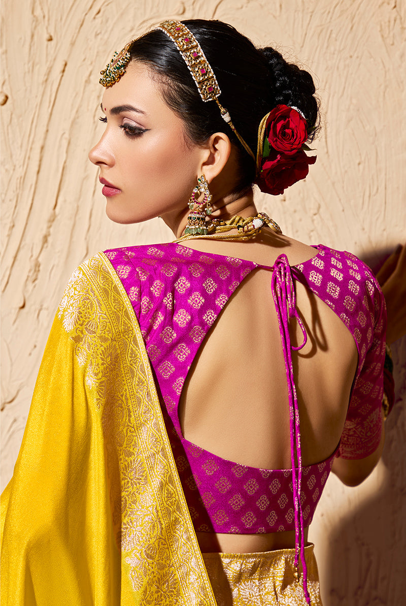 Monjolika Fashion Yellow Crepe Georgette Zari Weaving Work Saree