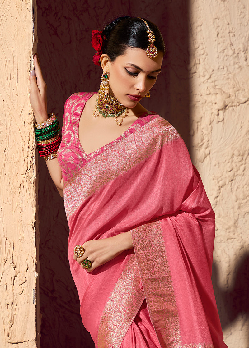 Monjolika Fashion Light Pink Crepe Georgette Zari Weaving Work Saree