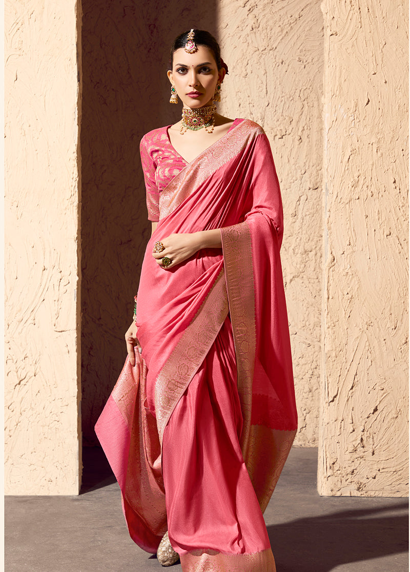 Monjolika Fashion Light Pink Crepe Georgette Zari Weaving Work Saree
