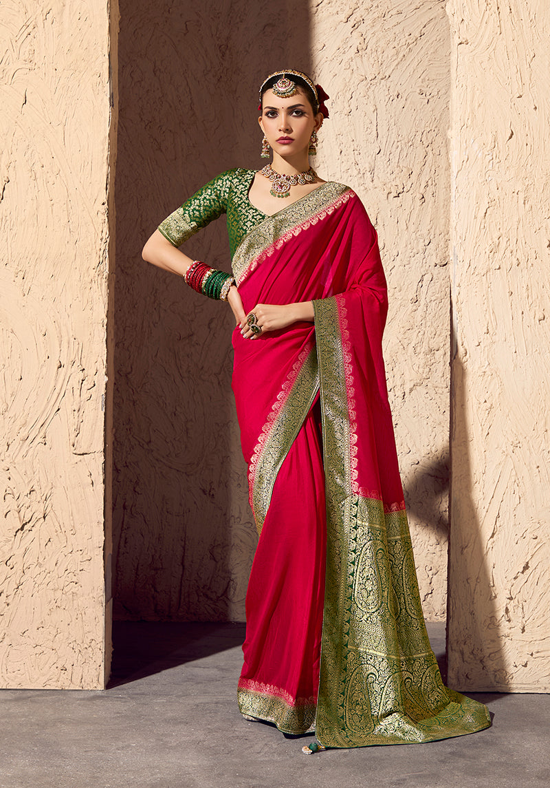 Monjolika Fashion Red Crepe Georgette Zari Weaving Work Saree
