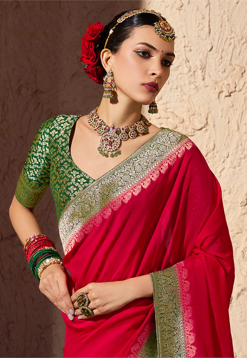Monjolika Fashion Red Crepe Georgette Zari Weaving Work Saree