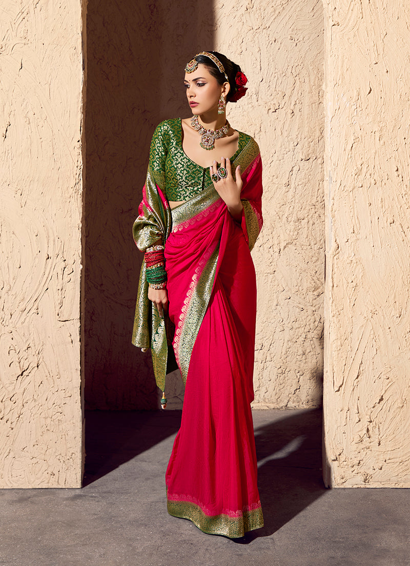 Monjolika Fashion Red Crepe Georgette Zari Weaving Work Saree