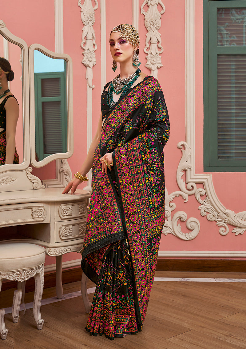 Monjolika Fashion Black Banarasi Silk Traditional Saree with Meenakari and Weaving Work