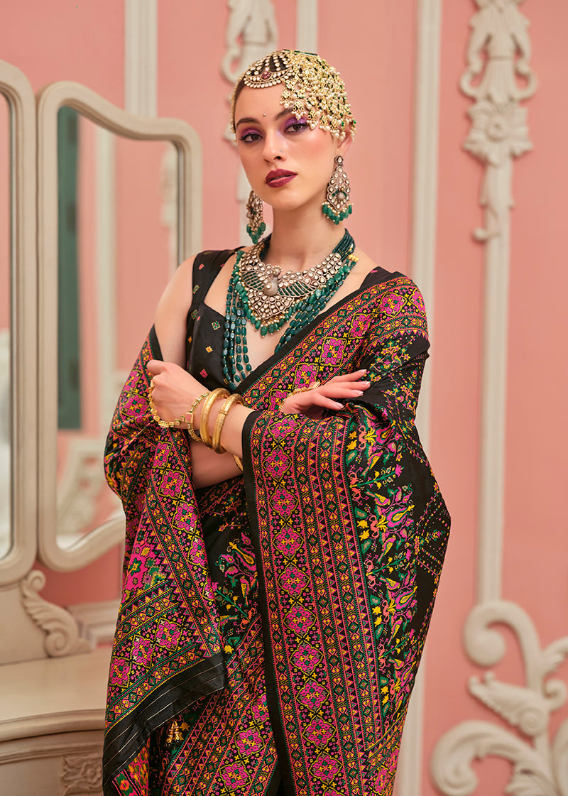 Monjolika Fashion Black Banarasi Silk Traditional Saree with Meenakari and Weaving Work