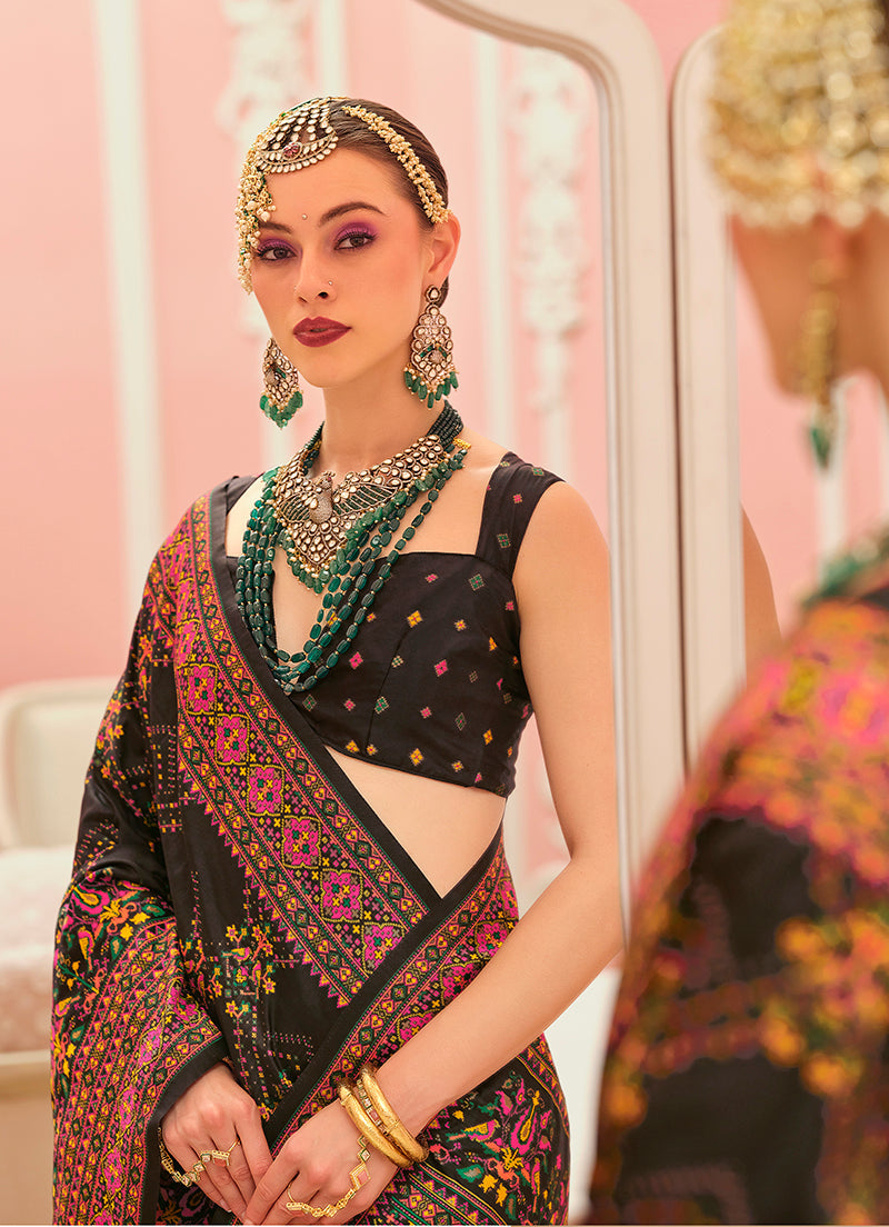Monjolika Fashion Black Banarasi Silk Traditional Saree with Meenakari and Weaving Work