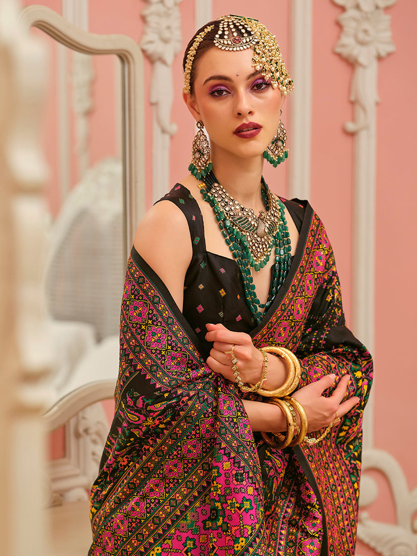 Monjolika Fashion Black Banarasi Silk Traditional Saree with Meenakari and Weaving Work