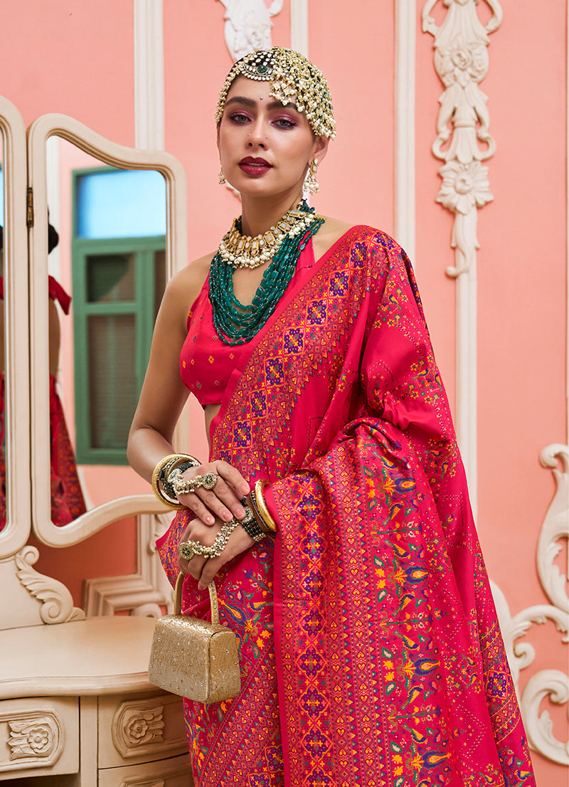 Monjolika Fashion Pink Banarasi Silk Traditional Saree with Meenakari and Weaving Work