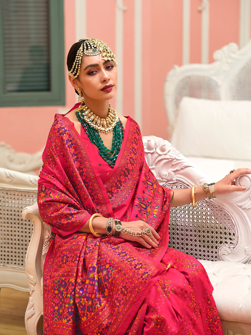 Monjolika Fashion Pink Banarasi Silk Traditional Saree with Meenakari and Weaving Work
