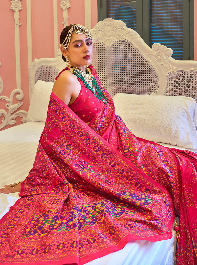 Monjolika Fashion Pink Banarasi Silk Traditional Saree with Meenakari and Weaving Work