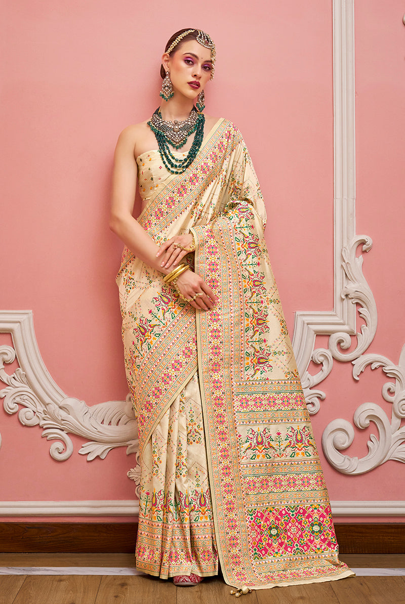 Monjolika Fashion Cream Banarasi Silk Traditional Saree with Meenakari and Weaving Work