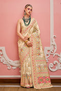 Monjolika Fashion Cream Banarasi Silk Traditional Saree with Meenakari and Weaving Work