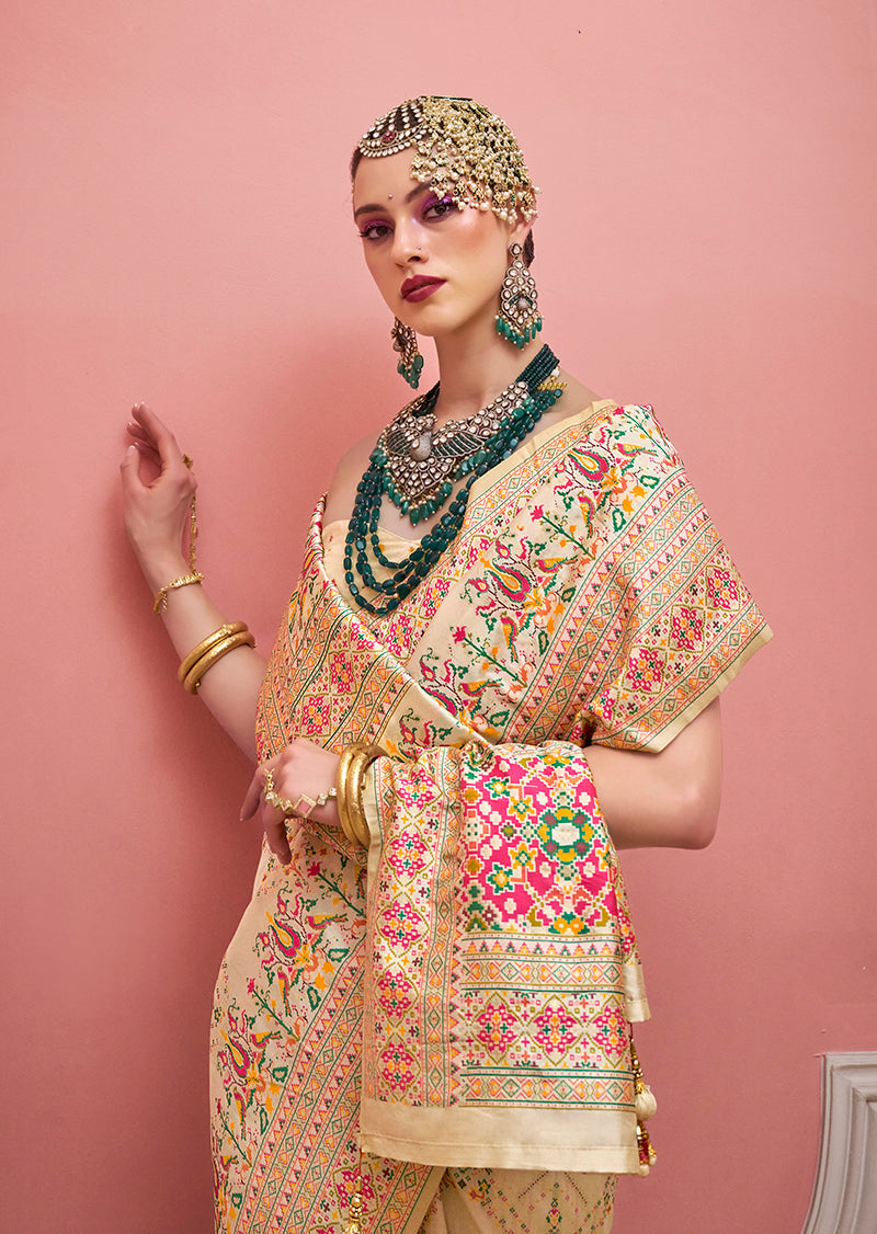 Monjolika Fashion Cream Banarasi Silk Traditional Saree with Meenakari and Weaving Work