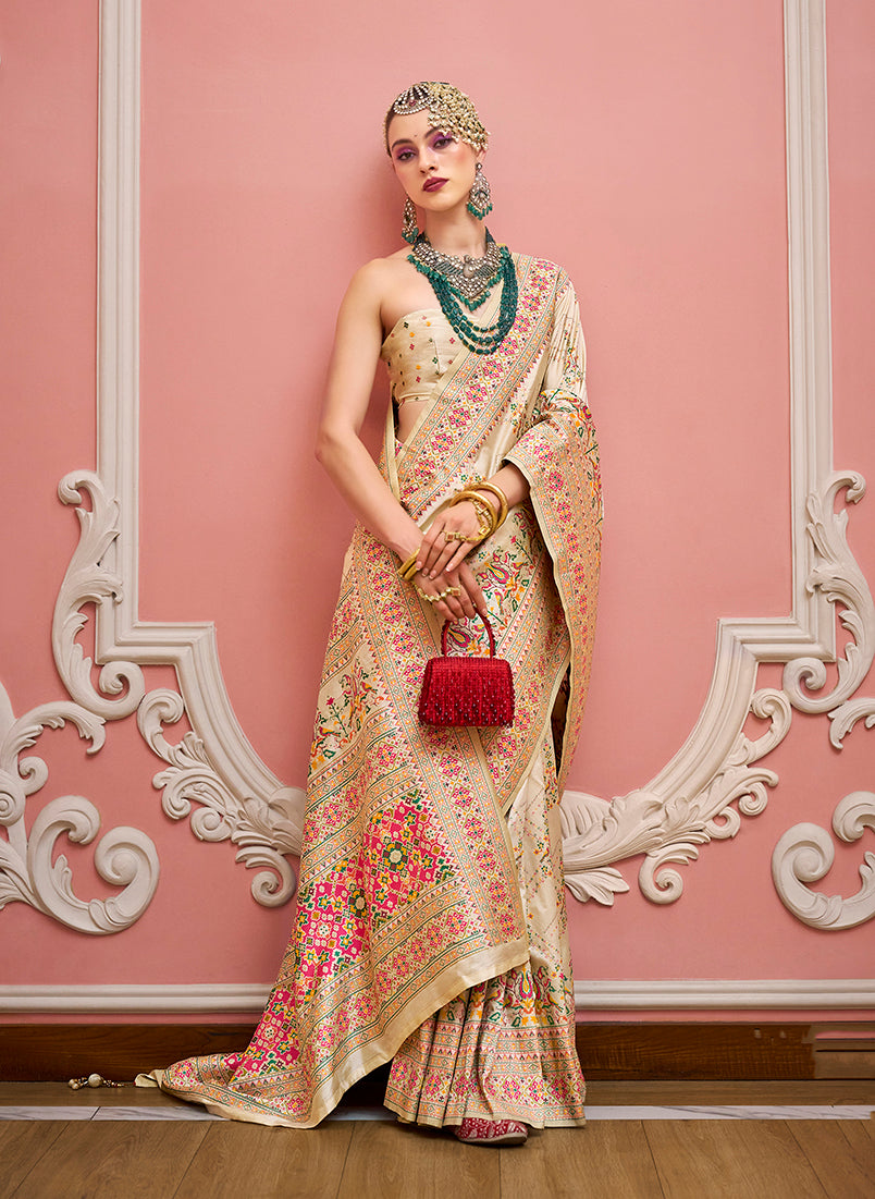 Monjolika Fashion Cream Banarasi Silk Traditional Saree with Meenakari and Weaving Work