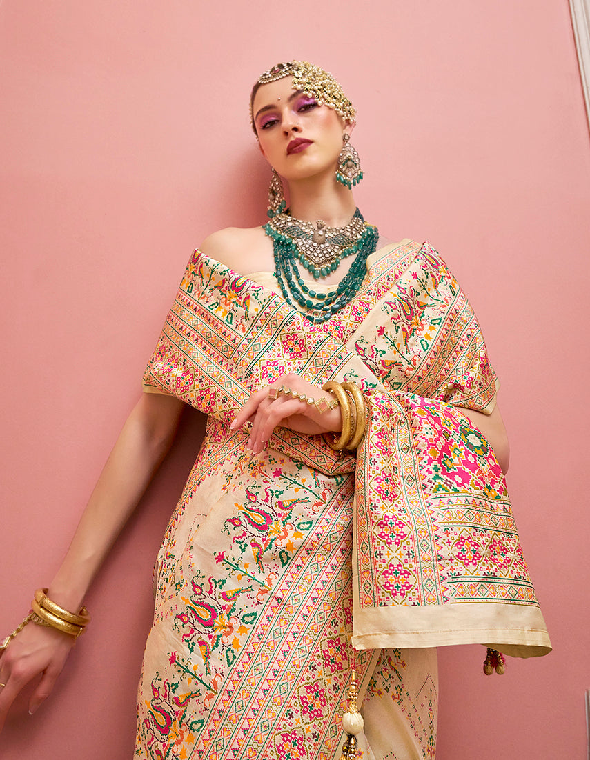 Monjolika Fashion Cream Banarasi Silk Traditional Saree with Meenakari and Weaving Work