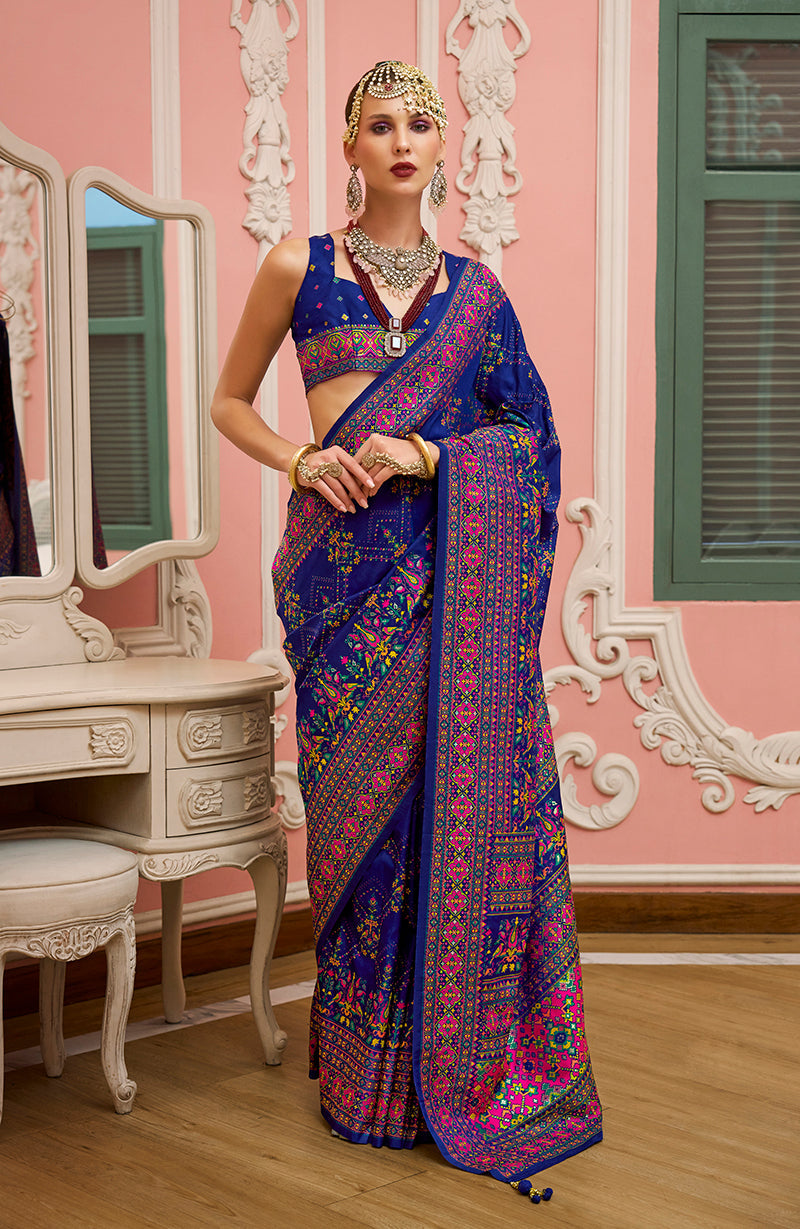 Monjolika Fashion Blue Banarasi Silk Traditional Saree with Meenakari and Weaving Work