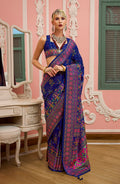 Monjolika Fashion Blue Banarasi Silk Traditional Saree with Meenakari and Weaving Work