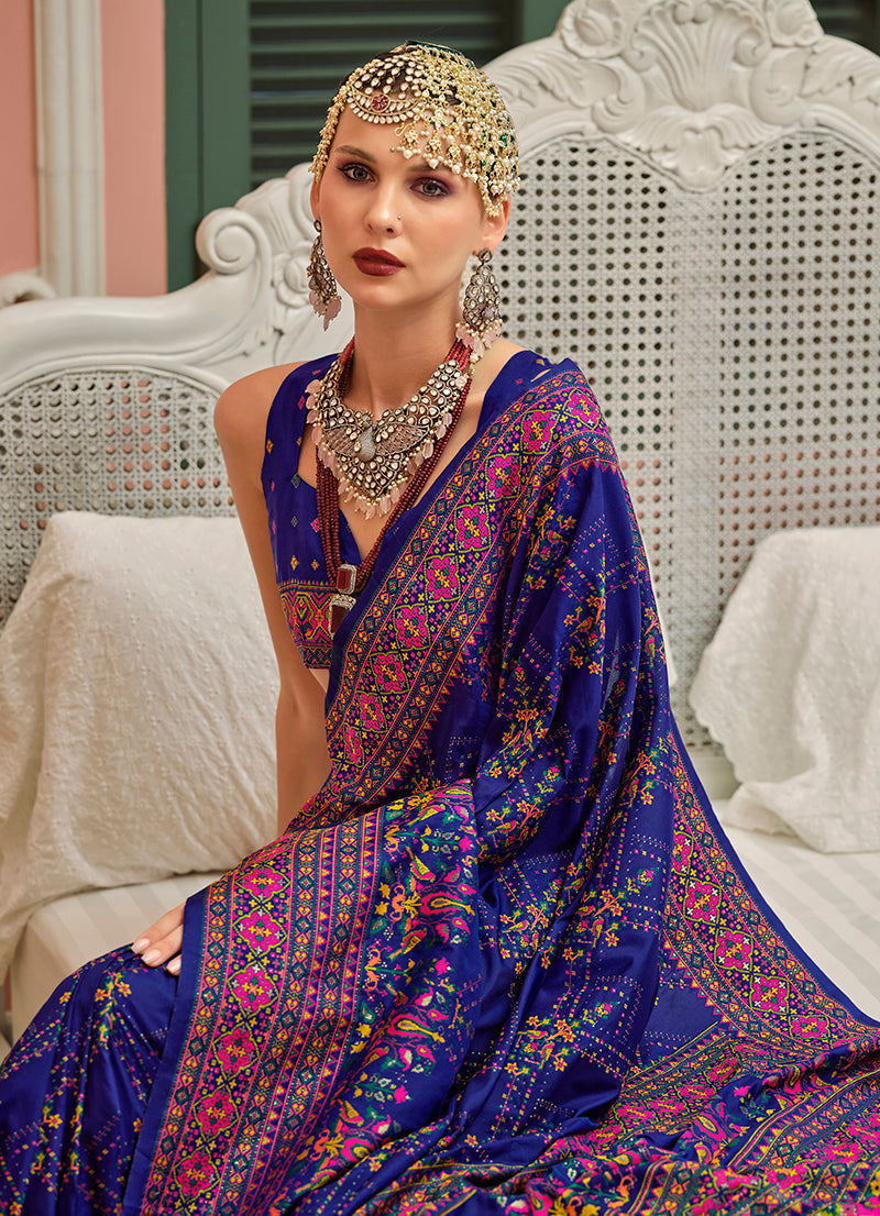 Monjolika Fashion Blue Banarasi Silk Traditional Saree with Meenakari and Weaving Work