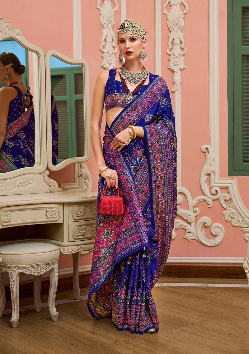 Monjolika Fashion Blue Banarasi Silk Traditional Saree with Meenakari and Weaving Work