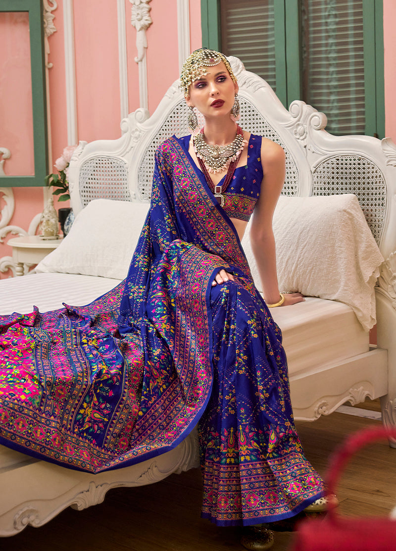 Monjolika Fashion Blue Banarasi Silk Traditional Saree with Meenakari and Weaving Work