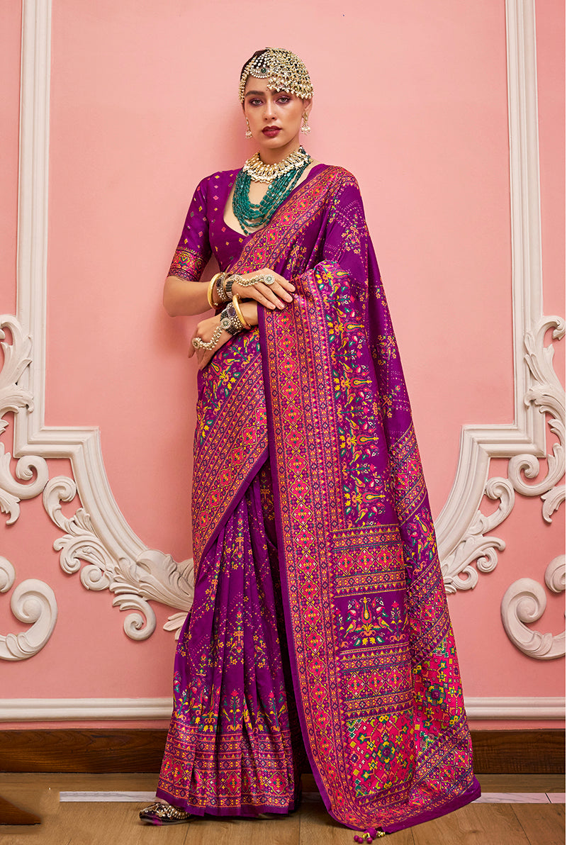 Monjolika Fashion Dark Magenta Banarasi Silk Traditional Saree with Meenakari and Weaving Work