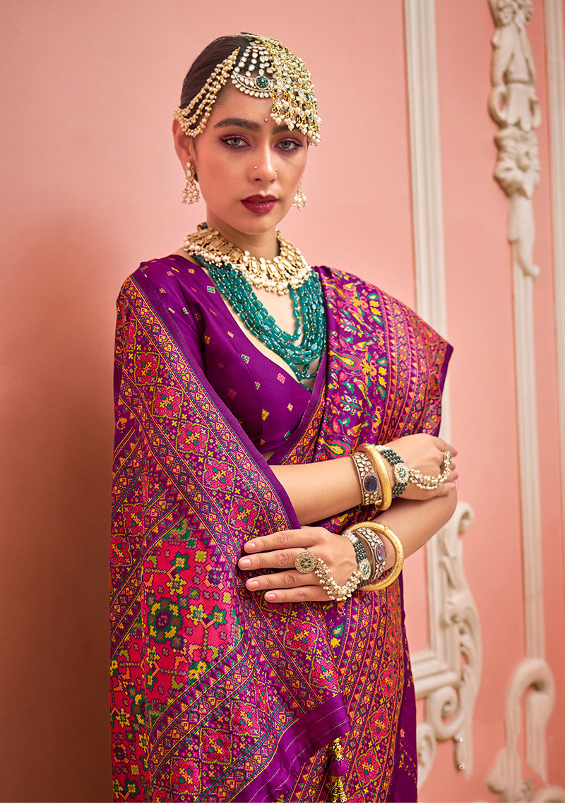Monjolika Fashion Dark Magenta Banarasi Silk Traditional Saree with Meenakari and Weaving Work