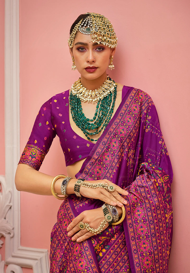 Monjolika Fashion Dark Magenta Banarasi Silk Traditional Saree with Meenakari and Weaving Work