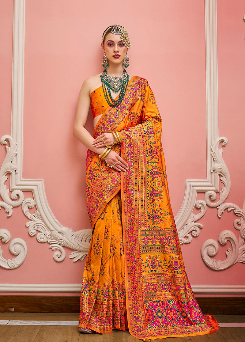 Monjolika Fashion Orange Banarasi Silk Traditional Saree with Meenakari and Weaving Work