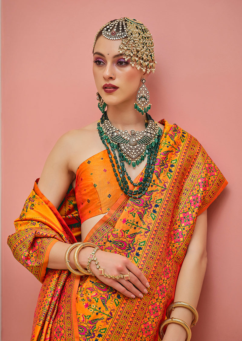 Monjolika Fashion Orange Banarasi Silk Traditional Saree with Meenakari and Weaving Work