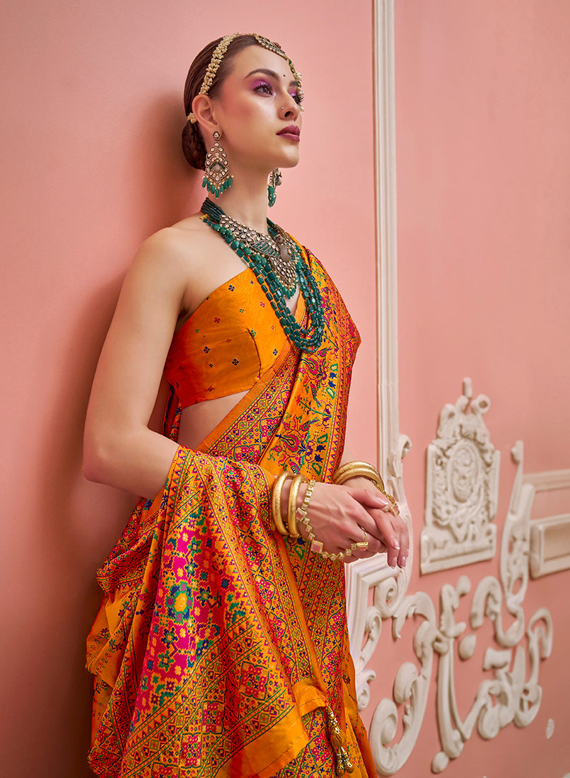 Monjolika Fashion Orange Banarasi Silk Traditional Saree with Meenakari and Weaving Work