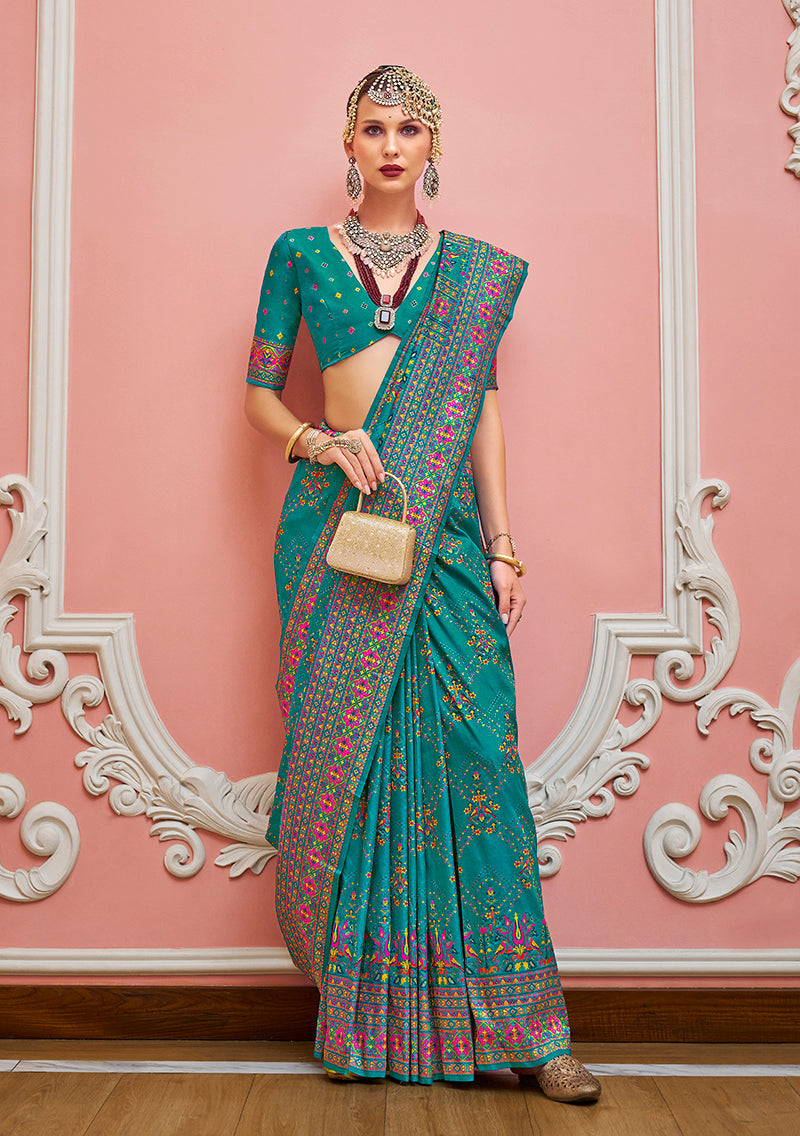 Monjolika Fashion Teal Banarasi Silk Traditional Saree with Meenakari and Weaving Work