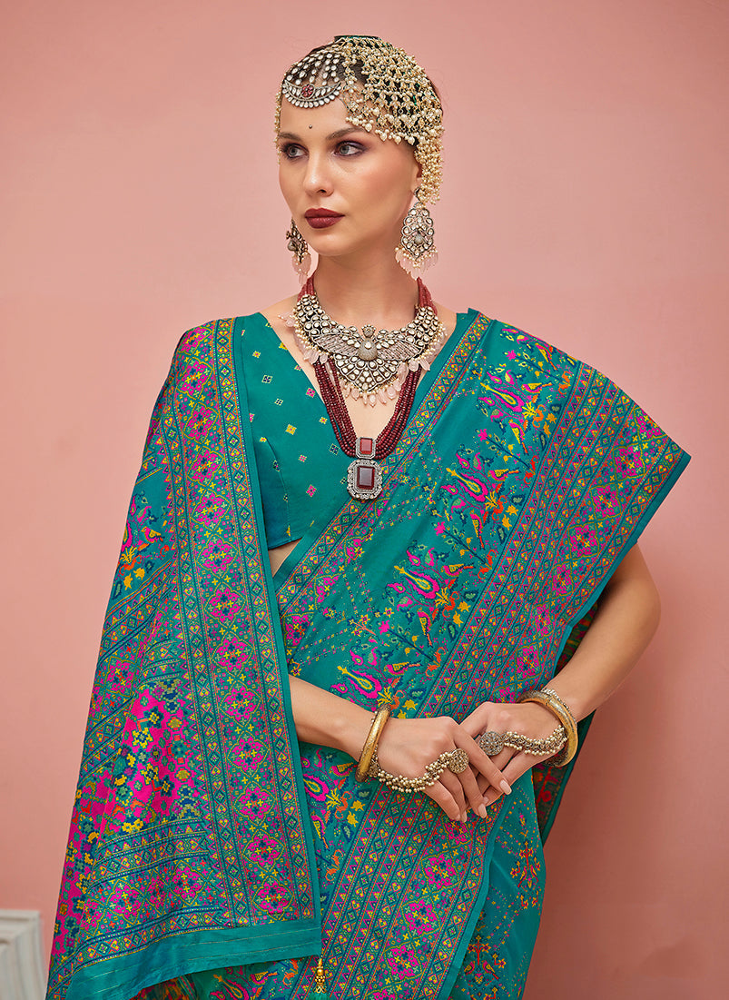 Monjolika Fashion Teal Banarasi Silk Traditional Saree with Meenakari and Weaving Work