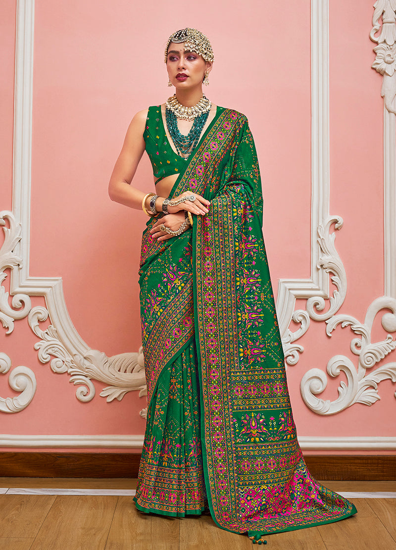 Monjolika Fashion Green Banarasi Silk Traditional Saree with Meenakari and Weaving Work