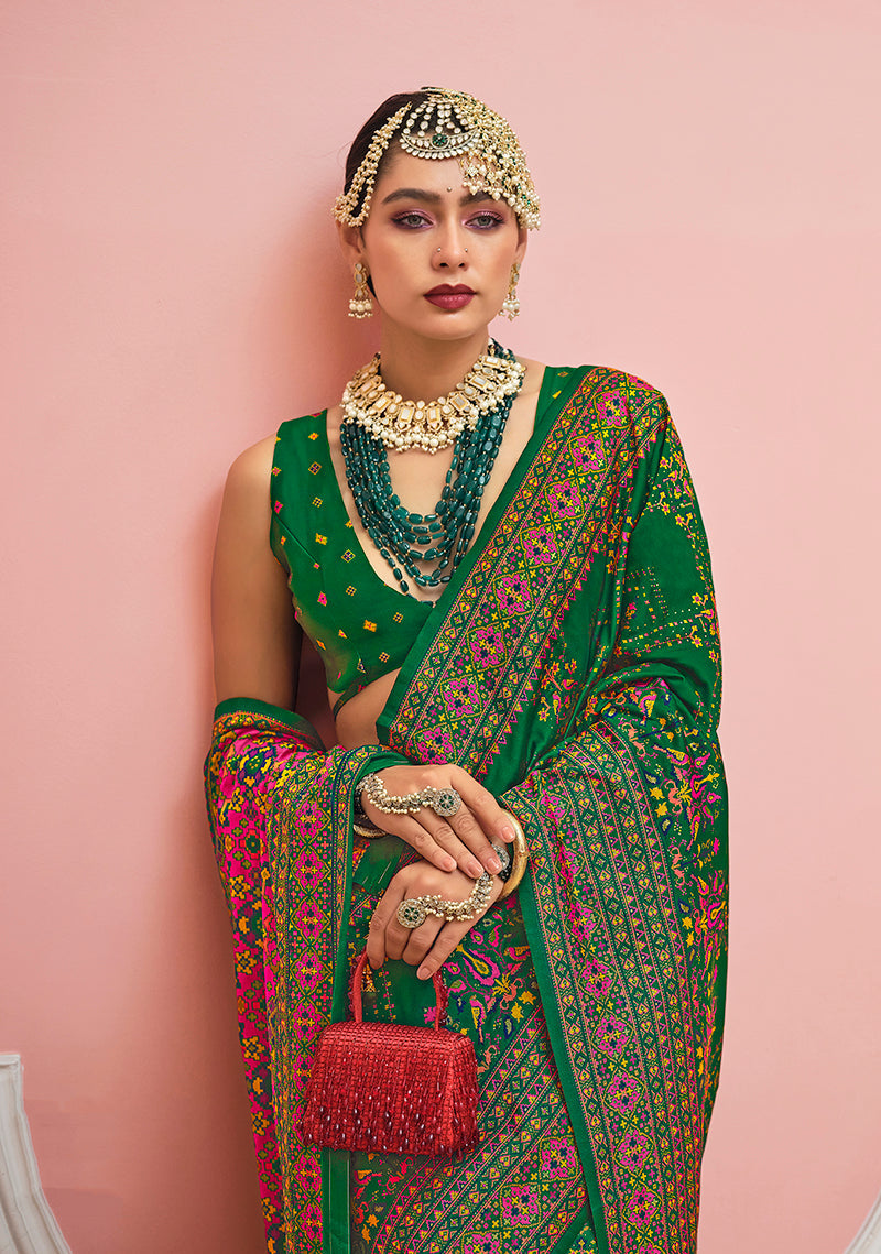 Monjolika Fashion Green Banarasi Silk Traditional Saree with Meenakari and Weaving Work