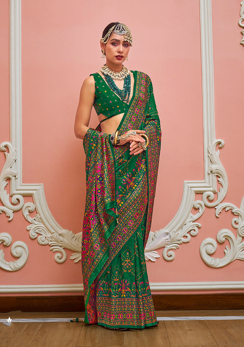 Monjolika Fashion Green Banarasi Silk Traditional Saree with Meenakari and Weaving Work