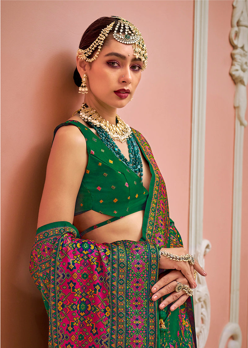 Monjolika Fashion Green Banarasi Silk Traditional Saree with Meenakari and Weaving Work