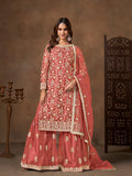Monjolika Fashion Net Embroidered Coral Salwar Kameez