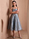 Monjolika Fashion Women's Sky Blue Banarasi Brocade Festive Fit & Flare Midi Dress with Zari Weaving Work