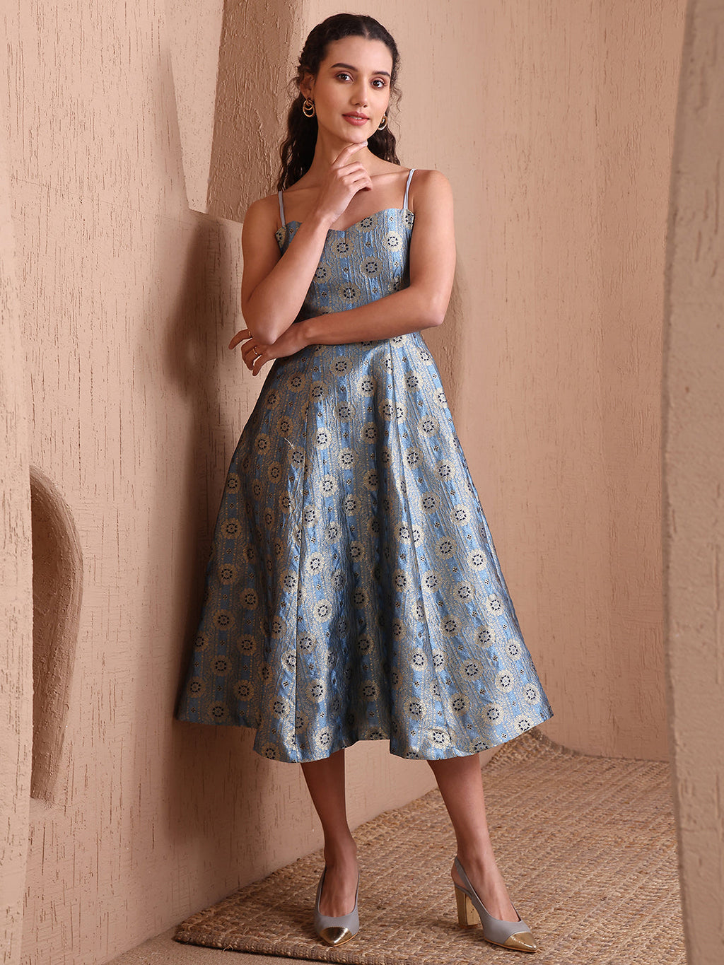 Monjolika Fashion Women's Sky Blue Banarasi Brocade Festive Fit & Flare Midi Dress with Zari Weaving Work