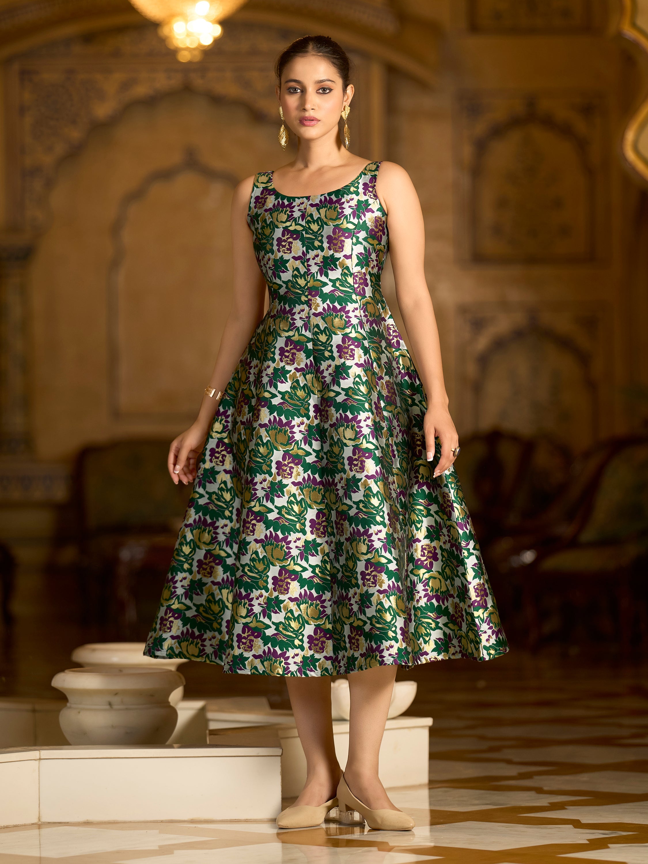 Monjolika Fashion Green Jacquard Woven Floral Fit & Flare Midi Dress