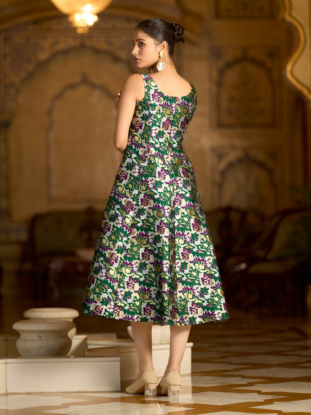 Monjolika Fashion Green Jacquard Woven Floral Fit & Flare Midi Dress