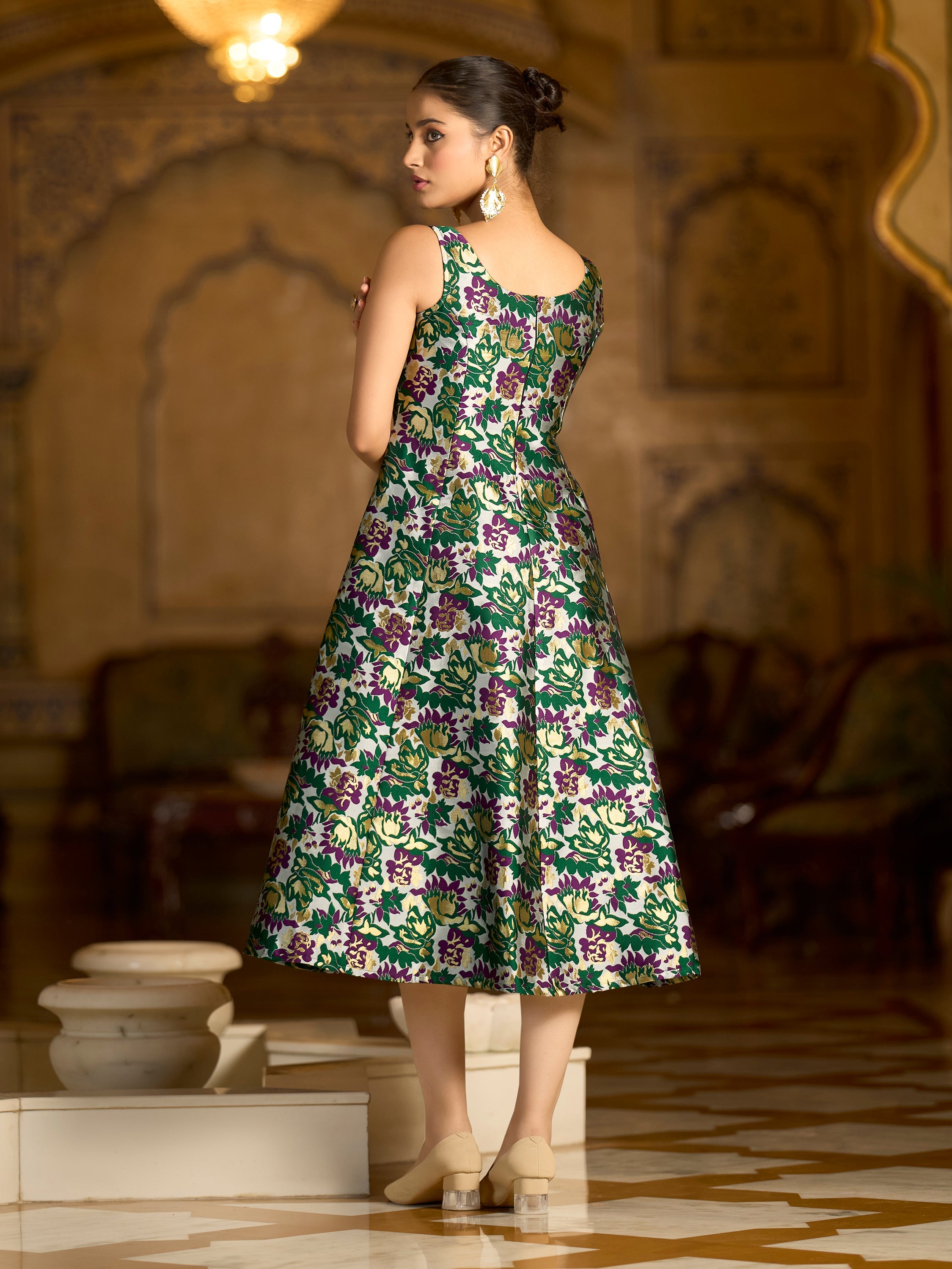 Monjolika Fashion Green Jacquard Woven Floral Fit & Flare Midi Dress